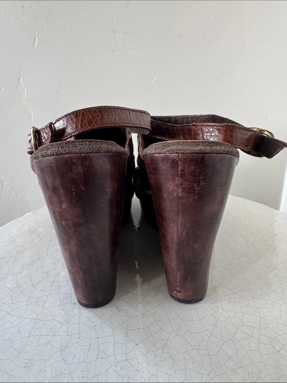 Calleen Cordero Brown Distress Leather Wedge Platform Sandals Wooden Heel Size 8
